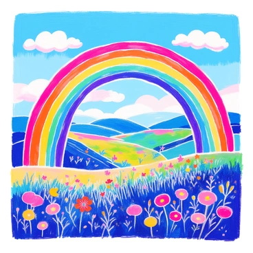 A rainbow arches across a clear blue sky. Each color of the rainbow blends seamlessly into the next, creating a smooth gradient reminiscent of a color wheel. Fluffy white clouds are scattered in the background, enhancing the vibrant colors of the rainbow. Below, a lush green landscape stretches out, dotted with colorful flowers that reflect the rainbow's hues.
