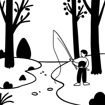 A child standing beside a forest stream, holding a fishing rod in one hand while looking intently at the water. Tall trees surround the stream, their trunks rising high and branches stretching outward. The surface of the stream reflects the shapes of the trees, creating a pattern of shadows in the water. In the background, patches of space between the leaves show the expanse of a clear sky above. A few rocks are scattered along the stream's edge, and small ripples form in the water where the child casts the line.