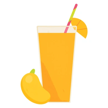 A tall glass filled with a vibrant orange mango smoothie. The smoothie has a smooth texture and is topped with a colorful straw sticking out from the glass. A bright yellow slice of mango is resting on the rim of the glass, adding a touch of freshness. The background includes a few whole mangoes scattered around, emphasizing the delicious fruit flavor of the smoothie.