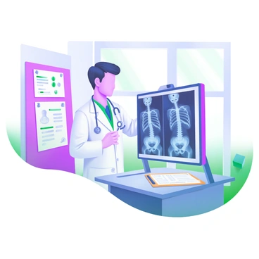 A doctor standing in a bright room, examining an X-ray on a lightbox with a focused expression. The doctor is wearing a white lab coat and has a stethoscope around their neck. The X-ray is displayed prominently on the lightbox, showing detailed images of a human skeleton. The surrounding area contains medical charts and a clipboard on a nearby table, creating an organized clinical atmosphere. Natural light filters into the room, enhancing the clarity of the scene.