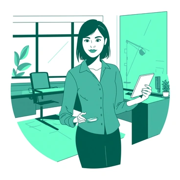 A teal modern office is filled with sleek furnishings and large windows that let in natural light. In the center of the room, a professional woman is standing confidently. She is wearing a fitted denim blouse, which complements her polished look. Her hair is neatly styled, and she is holding a digital tablet in her right hand. A contemporary desk is visible in the background, adorned with a few organized papers and a small green plant. The atmosphere conveys a sense of professionalism and productivity.