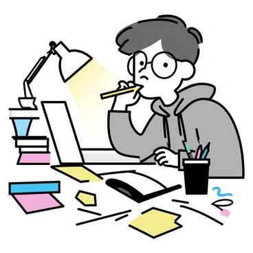 A student, wearing glasses and a gray hoodie, is sitting at a desk cluttered with open textbooks and a laptop. The room is dimly lit, with a desk lamp casting a warm glow over the workspace. The student is biting a yellow pencil, deep in thought, with furrowed brows and a focused expression. Various colorful sticky notes are scattered around, and a cup filled with pens is visible next to the laptop.