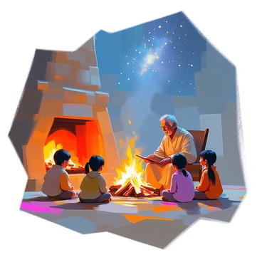An elder with gray hair and warm, weathered skin sits on a rustic wooden chair beside a crackling fireplace. The elder is dressed in a traditional cloak and has an inviting smile as they share stories. Surrounding the elder are several children of diverse backgrounds, sitting cross-legged on the ground, their faces illuminated by the flickering flames. The children listen intently, their expressions filled with wonder and curiosity. Above, a vast starry sky sparkles with countless stars, casting a gentle light over the scene. The ambiance is cozy, with the glow of the fire contrasting against the deep blue of the night sky.