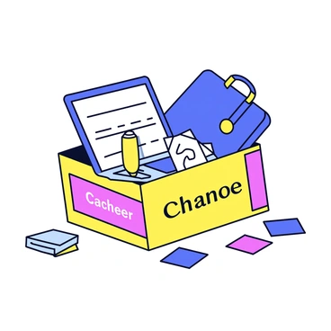 A box labeled "Career Change" with a bright, bold font. The box is partially open, and various professional tools are spilling out. There are a laptop, a notepad with a pencil, and a briefcase, all illustrated in a simple, cartoon style. Some colorful sticky notes are scattered around the box. The background is minimalistic to keep the focus on the box and its contents.
