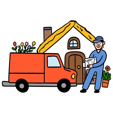 A vintage mail truck in bright red color is parked outside a charming cottage with a thatched roof and colorful flowers in the garden. The cottage has white walls and a wooden door, adding to its quaint appearance. A mailman with light skin and short black hair is standing next to the truck, sorting letters. He is wearing a blue uniform with a cap and has a friendly expression. The scene is set in daytime with a clear blue sky.