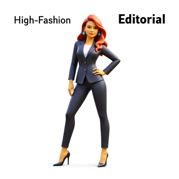 A chic model posing in a trendy outfit featuring a stylish blazer and tailored trousers. The model has long, flowing hair styled elegantly. She is standing confidently, with one hand on her hip and a slight smile on her face. The outfit is complemented by high-heeled shoes and bold accessories such as statement earrings and a sleek handbag. The background includes soft lighting that enhances the fashion details and textures of the clothing. The words "High-Fashion Editorial" are prominently displayed above her.