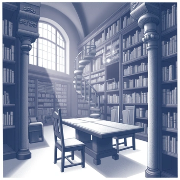 An ancient library filled with towering shelves made of dark, weathered wood. The shelves are packed with numerous books, each one emanating a soft, ethereal glow, suggesting the presence of knowledge and wisdom. The ceiling is high and intricately adorned with carvings of mythical creatures and celestial bodies. Large, arched windows let in streams of light that illuminate the dust particles floating in the air. A grand wooden table sits in the center of the room, surrounded by high-backed chairs, inviting scholars and seekers of knowledge to gather. In the background, a spiral staircase winds its way up to a higher level, where even more books await discovery.