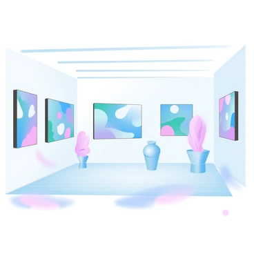 An art gallery with white walls showcasing a series of colorful abstract paintings. Each painting features bold, vibrant colors and unique shapes, creating a dynamic visual experience. Some paintings contain swirling patterns while others have geometric forms. Sculptures are placed around the gallery, enhancing the artistic environment. Soft lighting highlights the textures of the paintings and sculptures. A polished wooden floor reflects the vibrant hues of the artworks, inviting viewers to explore the space.