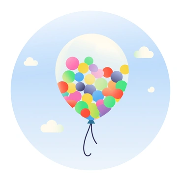 A single transparent balloon is floating in the air, filled with vibrant multicolored confetti. The confetti inside the balloon consists of various shapes and sizes, creating a lively mix of colors including red, yellow, green, blue, and purple. The background showcases a clear blue sky, with a few fluffy white clouds scattered around. The sunlight is illuminating the balloon, making it glimmer as it dances gently in the breeze.