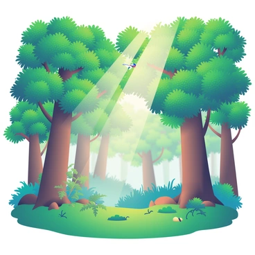 A vibrant forest scene is depicted with densely packed trees, showcasing their accumulation of lush green foliage. The trunks of the trees are tall and sturdy, with varying shades of brown. Sunlight filters through the leaves, creating dappled light patterns on the forest floor. The ground is covered in a rich layer of green moss, and small plants and ferns are scattered throughout. In the background, a few birds can be seen perched on branches, adding a touch of life to the serene setting.
