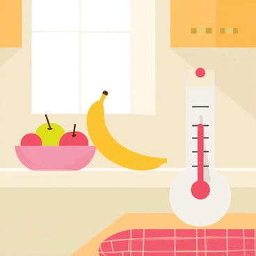 A vintage mercury thermometer is prominently displayed, featuring a glass tube with a metal top and a scale marked in degrees Celsius. The thermometer is resting on a wooden countertop adorned with a checkered tablecloth. In the backdrop, a sunny kitchen is visible, with warm light streaming through a window, illuminating a bowl of fresh fruits, including apples and bananas, placed nearby. The walls of the kitchen are painted a soft pastel color, and there are wooden cabinets with brass handles visible in the background.
