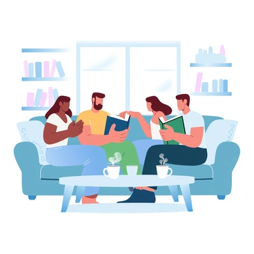 A group of three friends is sitting comfortably on a plush sofa in a cozy living room. One friend is holding a book open in their lap, while the others are leaning in, engaged in the discussion. The room is warmly lit, with soft cushions and a knitted throw blanket draped over the sofa. A small coffee table in front of them has a few mugs, and a steaming cup of tea is sitting close to the friends. On the walls, there are shelves filled with books, adding to the inviting atmosphere of the space. A large window allows soft, natural light to fill the room, enhancing the cozy ambiance.