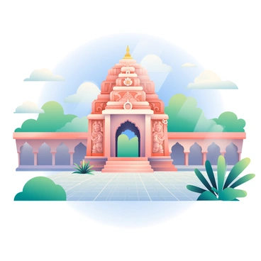 An ancient Indian temple with detailed stone carvings is prominently featured in the center. The temple is adorned with ornate sculptures depicting mythological figures and floral patterns. Surrounding the temple is a serene courtyard with smooth cobblestone pathways and lush greenery. A few tropical plants are scattered throughout the courtyard, adding vibrancy to the scene. In the background, a clear blue sky sets a tranquil atmosphere, while soft sunlight casts gentle shadows on the temple and courtyard.