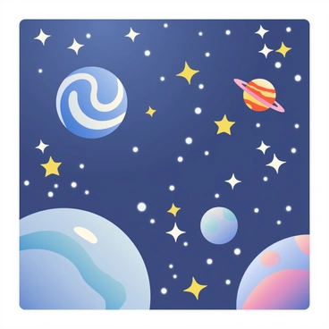 A night sky is filled with various stars and planets. The stars are depicted as shimmering dots of light in different sizes, some twinkling while others emit a steady glow. Among them, there are several planets, each showcasing distinct colors and patterns. One planet is a deep blue with white swirls, while another appears as a vibrant orange with red bands. The overall scene is dynamic, emphasizing the vastness of space, with a gradient of deep indigo and violet hues providing a backdrop to this celestial display.