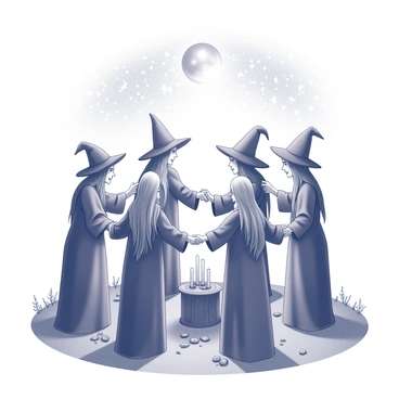 A circle of witches performing a ritual under a starry sky