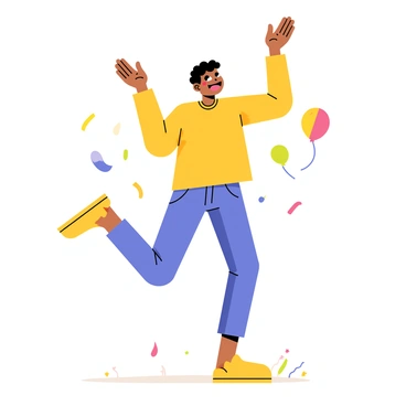A cartoon character resembling Vadivelu is performing a lively dance move with an exaggerated pose. The character has a big smile and is dressed in a bright yellow shirt and blue pants. The background features a vibrant setting with colorful confetti falling around. There are balloons of various colors floating in the air, and the ground is decorated with lively patterns. The character's arms are raised high, and their feet are mid-step, capturing a moment of joy and energy.