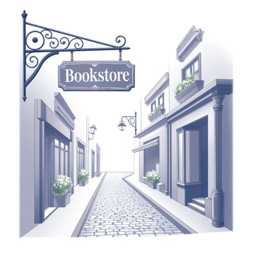 A sign that reads "Bookstore" is hanging from an ornate wrought-iron bracket. The sign is intricately designed, with decorative elements surrounding the text. Below it, a narrow cobblestone street stretches out, lined with vintage street lamps that cast gentle shadows. The cobblestones are uneven, creating a rustic texture underfoot. On either side of the street, there are small storefronts with flower boxes beneath the windows, adding charm to the scene. The atmosphere is quiet, inviting passersby to explore the quaint bookstore.