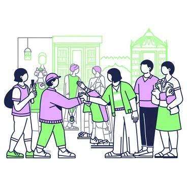 A group of tourists is gathered in a bustling marketplace during a guided city tour. In the center, a man is handing over a colorful souvenir, while another person is exchanging a traditional cultural artifact. Various souvenirs such as small sculptures and woven textiles are visible in their hands. The scene is lively, with buildings that display ornate architectural details in the background. Other tourists are taking pictures and observing the vibrant atmosphere around them. The guide, holding a clipboard, is explaining the significance of the artifacts being exchanged.