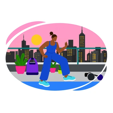 A person performing glute kickbacks on an urban rooftop. The individual is wearing a bright blue workout outfit, with their left knee bent and right leg extended back. The skyline of a bustling city is visible in the background, featuring tall buildings with a mix of glass and brick facades. The sun is setting, casting an orange and pink hue across the sky. There are potted plants and exercise equipment scattered around the rooftop, adding to the vibrant atmosphere.