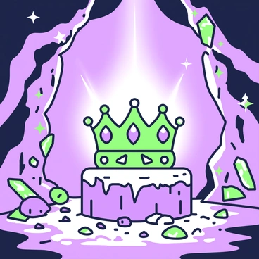 A glowing crown is resting on a natural stone pedestal inside a cave. The cave is filled with various crystals that sparkle and reflect light in multiple directions. The crown itself is intricately designed, with detailed patterns and embedded stones that emit a soft glow. The walls of the cave are uneven and rugged, with clusters of crystals jutting out, casting a magical illumination throughout the space. The ground is uneven, scattered with smaller stones and crystals, enhancing the mysterious atmosphere of the cave.