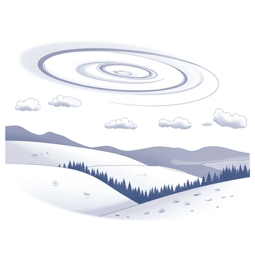 A sweeping view of a snowy landscape covered in a thick layer of snow. The foreground features a smooth, white blanket of snow, dotted with patches of exposed ground and small snowdrifts. In the distance, rolling hills rise gently, their slopes softened by the winter white. Above, the polar jet stream is illustrated as a swirling pattern of lines and curves, creating dynamic movement in the sky. The jet stream flows across the image, intertwining and spiraling, conveying the energy of the atmosphere. Fluffy white clouds drift through the sky, adding to the sense of a cold, wintry day.