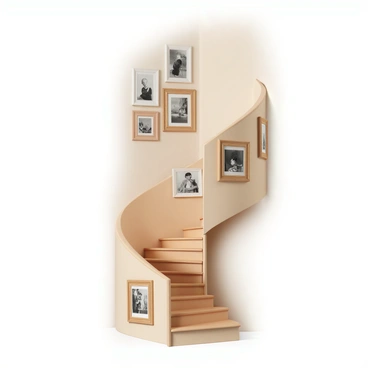 A spiral staircase, made of polished oak, winds elegantly upward. The staircase is adorned with an array of wooden frames, each showcasing black and white photographs capturing moments from different eras. The frames vary in size and design, some are ornate while others are simple, and they are arranged in a way that draws the eye along the staircase. Soft lighting illuminates the photographs, casting gentle shadows that add depth to the scene. The walls surrounding the staircase are painted in a warm neutral tone, enhancing the overall inviting atmosphere.