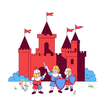 A red cardboard castle stands tall with turrets and flags waving at the top. In front of the castle, there are several tiny toy knights, each uniquely designed with shining helmets and colorful armor. One knight, holding a blue shield, stands proudly, pointing towards the castle entrance. Another knight, equipped with a yellow sword, gazes up at the castle as if ready to embark on an adventure. Nearby, a small patch of grass adds a touch of greenery to the scene, with a few wildflowers peeking through. The knights are set against a bright blue sky, creating a vibrant and dynamic atmosphere.