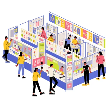 A bustling tattoo convention featuring numerous booths with tattoo artists at work. Each booth displays a variety of colorful designs and tattoo equipment. The artists are engaged with clients, showcasing their skills as they apply intricate tattoos. Attendees stroll around, admiring the artwork and chatting with the artists. The atmosphere is lively with people animatedly discussing their favorite designs. Banners hang overhead displaying different styles of tattoos, ranging from traditional to modern.