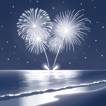 A nighttime scene featuring a fireworks display illuminating the sky above the ocean. Various shapes and patterns of fireworks burst in the air, creating a vibrant spectacle. The reflections of the fireworks shimmer on the surface of the water, creating a mirror-like effect. The ocean appears calm, with gentle waves lapping at the shore, enhancing the reflective quality of the scene. The background includes a dark sky filled with stars, providing contrast to the bright explosions of light.