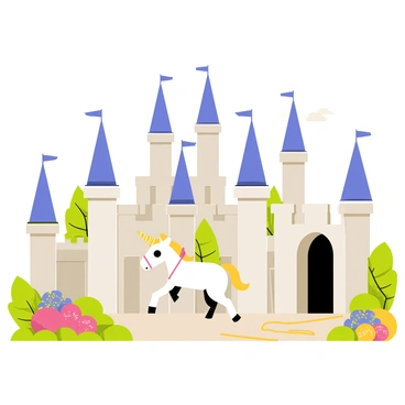 A unicorn with a shimmering white coat and a spiraled golden horn is galloping through the open gates of a fairytale castle. The castle features tall, pointed towers with flags flying high. Surrounding the castle are vibrant gardens filled with colorful flowers, green bushes, and winding pathways. The sky above is bright and clear, enhancing the magical atmosphere of the scene.