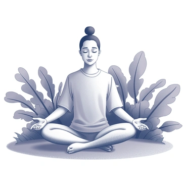 A person sitting cross-legged on a soft patch of grass. They are focused on meditating, with their hands resting gently on their knees. Surrounding them are lush sweet potato plants, their broad leaves creating a natural, green border. The garden is filled with various types of foliage, adding to the tranquility of the scene. The person's expression is calm and serene, reflecting a deep sense of inner peace. The overall composition emphasizes the harmony between the person and the natural environment.