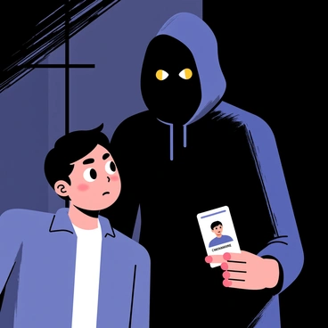 A shadowy figure with indistinct features is lurking behind a person. The figure is wearing a dark hooded cloak, blending into the shadows. The person in the foreground has wide eyes and a fearful expression, looking over their shoulder. The figure is holding a stolen identity card, slightly raised, which is visible with a name and photo. The scene is set in an urban environment, with dim lighting and contrasting shadows enhancing the tension of the moment.