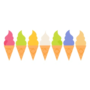 A display of eight ice cream cones arranged in a neat row. Seven of the cones are topped with colorful scoops, including shades of pink, green, yellow, blue, and orange, representing the fraction "8/7." One cone is empty, emphasizing the concept of the fraction. Each cone has a textured, waffle-patterned cone base, and the scoops are piled high, creating a whimsical and playful presentation. The background is simple to keep the focus on the ice cream cones.