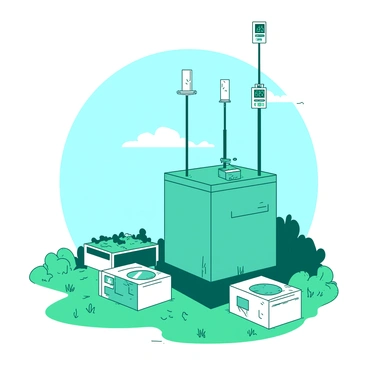 A teal pollution-monitoring station stands in an open area surrounded by grass. The station features multiple sensors and antennas extending upward. Each sensor is actively taking air quality readings, indicated by small digital displays showing numbers. Nearby, there are several white data collection boxes with green foliage contrasting against their surfaces. In the background, a clear blue sky is visible, enhancing the focus on the station's technology.