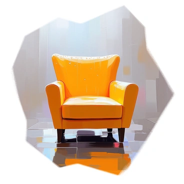 A bright yellow fauteuil is prominently displayed, its smooth, curved lines inviting attention. The surface of the chair glistens as it is covered with raindrops, each droplet reflecting light and adding a sense of texture. Behind the fauteuil, a grey, rainy backdrop creates a contrast, with soft, blurred shapes of rain visible, enhancing the focus on the chair. The scene captures the interplay of vibrant color and muted tones, emphasizing the charm of the yellow chair amidst the atmospheric weather.