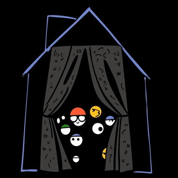 A darkened house with faint shadows cast on the walls. "Multiple eyes" of various colors and sizes are peering through slightly parted curtains. The curtains are heavy and textured, with intricate patterns. The eyes have a mix of expressions, some curious and some wary. The surrounding atmosphere conveys a sense of mystery, with dim light illuminating the edges of the curtains, creating a sense of intrigue and suspense.