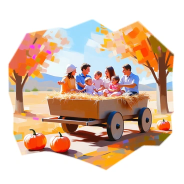 A hayride taking place in the countryside, featuring a large wooden wagon filled with hay. Several families are seated on the hay, smiling and laughing together. The scene is adorned with vibrant autumn foliage, with trees displaying rich shades of red, orange, and yellow. In the background, rolling hills are visible under a clear blue sky, and a scattering of pumpkins lies along the path. Children are pointing excitedly at the scenery, and adults are chatting, creating a lively atmosphere.