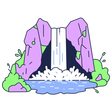 A majestic waterfall cascades down a series of rugged rocks. The water flows energetically, creating a mist at the base. Below the waterfall, there is a tranquil pool reflecting the shape of the surrounding rocks. The rocks are detailed with various textures and shades, while the water appears clear and inviting. Surrounding the pool, there are patches of lush greenery, with some leaves gently fluttering in the breeze.