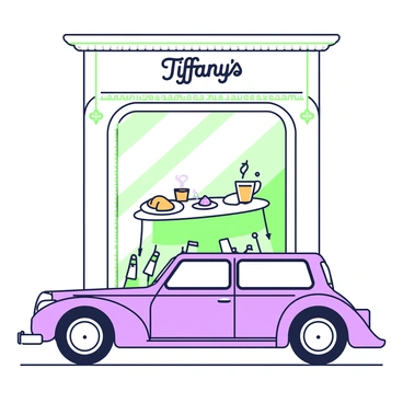 A vintage car is parked in front of a building with a sign that reads "Tiffany's." The car features sleek lines and a polished finish, showcasing its classic design. Outside the window, there are breakfast items displayed on a table. These items include a plate with a croissant and jam, a glass of orange juice, and a steaming cup of coffee. The window reflects the light, creating a soft glow around the breakfast scene. The architecture of the building is elegant, with decorative elements surrounding the entrance.