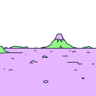 A barren landscape stretches across the scene, entirely covered in fine volcanic ash that creates a smooth, uniform texture. The ground is flat and desolate, devoid of any vegetation. In the distance, a solitary volcano rises prominently against the horizon, its conical shape clearly defined. The volcano has a slightly rounded peak, hinting at past eruptions. The sky above is clear, allowing sunlight to illuminate the landscape, casting soft shadows on the ash-covered ground.