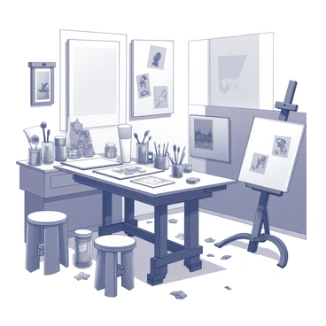 An artist's workshop filled with creativity and artistic tools. The space has a large wooden worktable cluttered with various open sketchbooks displaying diverse illustrations. There are paintbrushes of different sizes resting in jars, alongside tubes of paint in an assortment of positions. The walls are adorned with unfinished canvases and framed sketches, providing a glimpse into the artist's ongoing projects. A vintage easel stands prominently, holding a partially completed artwork. The floor is scattered with crumpled pieces of paper and color swatches, indicating an active and vibrant creative process.