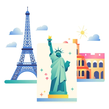 A serigraph features "the Eiffel Tower" in Paris, "the Statue of Liberty" in New York, and "the Colosseum" in Rome. Each landmark is rendered with vibrant colors and intricate designs, creating a lively atmosphere. The Eiffel Tower stands tall against a blue sky, while the Statue of Liberty holds her torch triumphantly. The Colosseum is depicted with warm earth tones, showcasing its ancient architecture. Each structure is framed by abstract patterns that enhance their prominence.