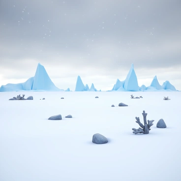 A snowy tundra landscape in the Arctic. Strong winds create ripples in the snow, causing small flurries to dance across the surface. The sky is overcast with various shades of gray, hinting at impending snow. Sparse patches of icy rocks and frozen shrubs dot the scene, and in the distance, jagged ice formations rise against the horizon.