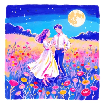A couple is dancing in a field of wildflowers under a full moon. The woman is wearing a flowing white dress that sways with her movements, while the man is dressed in a crisp white shirt and dark trousers. The wildflowers around them are vibrant and colorful, with shades of purple, yellow, and red. The full moon casts a soft, silvery light over the scene, illuminating their joyful expressions and creating gentle shadows among the flowers. The night sky is clear, with a scattering of stars twinkling above.