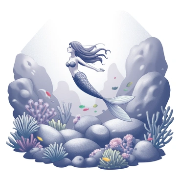 A mermaid with long flowing hair is swimming effortlessly through a dense coral garden. Her tail is elongated and adorned with intricate scales that reflect the surrounding light. Various types of coral in different shapes and sizes are present, with some resembling fans while others stand tall like trees. Colorful fish dart around her, adding movement to the serene underwater scene. The water is clear, allowing a view of the vibrant corals and the murky shadows cast by larger rock formations in the background. Light filters down from the surface, creating a gentle illumination around the mermaid and her surroundings.