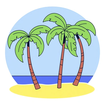 A cluster of tall palm trees with long, slender trunks and lush green fronds gently swaying in the breeze. The scene is set on a bright, sunny tropical beach, with the sand appearing soft and golden under the sun. In the background, the clear blue sky stretches overhead, creating a vibrant atmosphere. The ocean can be seen with gentle waves lapping at the shore, enhancing the serene beach setting.