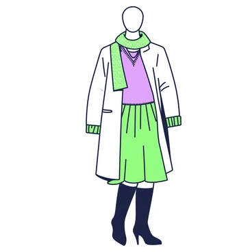 An outfit is displayed on a mannequin, showcasing layered garments that create texture and depth. The base layer consists of a fitted top with intricate stitching details. Over this, there is a long, flowing cardigan that gently cascades down, featuring a subtle pattern. A textured scarf is wrapped around the neck, adding another layer. The ensemble includes a skirt with pleats that add movement and dimension, paired with knee-high boots that complement the look. Each layer interacts with the others, enhancing the overall appearance of the outfit.