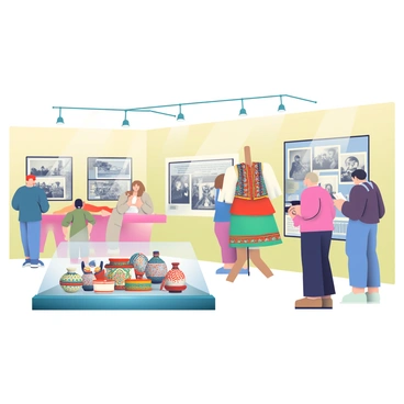 An exhibit inside the Museum of Yugoslav History displays a variety of cultural artifacts. In the foreground, there is a large glass display case containing traditional handmade pottery, intricately designed with colorful patterns. Next to it, a wooden mannequin is dressed in a traditional folk costume, showcasing detailed embroidery and vibrant colors. On the walls, there are framed historical photographs that depict significant events in Yugoslav history. The lighting in the exhibit highlights the textures of the artifacts, creating a warm and inviting atmosphere for visitors. In the background, several visitors can be seen observing the artifacts, engaged in conversation and taking notes.