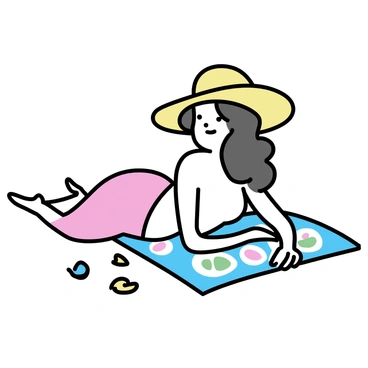 A woman is lying on a colorful beach towel, wearing a large straw hat. She has long hair cascading around her shoulders. Surrounding her are various seashells scattered on the sand. The towel features vibrant patterns, adding a touch of color to the scene. The woman appears to be enjoying a moment of relaxation, with her arms resting by her sides.