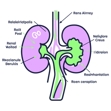 An illustration of a human kidney is centered in the image, featuring a detailed anatomy of the organ. The kidney is depicted with various labeled parts, including the renal cortex, renal medulla, and renal pelvis. Colorful arrows indicate the flow of blood entering through the renal artery and exiting through the renal vein. Additionally, the nephron structure is highlighted, showing the glomerulus and tubules involved in the filtration process, with labeled sections indicating the reabsorption and secretion functions. The entire illustration is clear and educational, providing a comprehensive view of kidney anatomy and function.